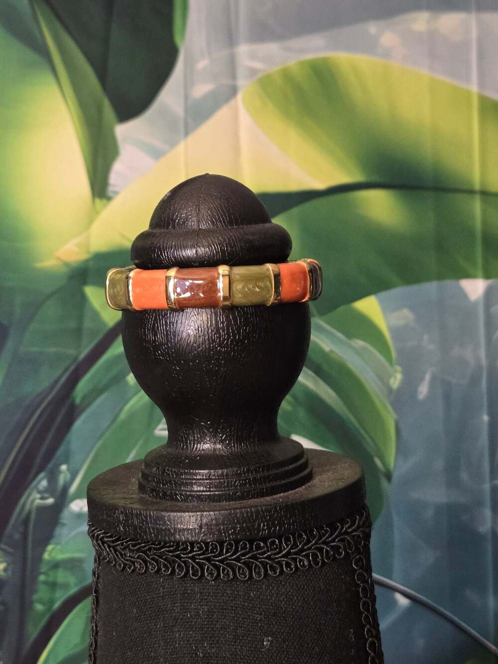 Enamel Hinge Bangle Bracelet Orange Green Gold Tone
